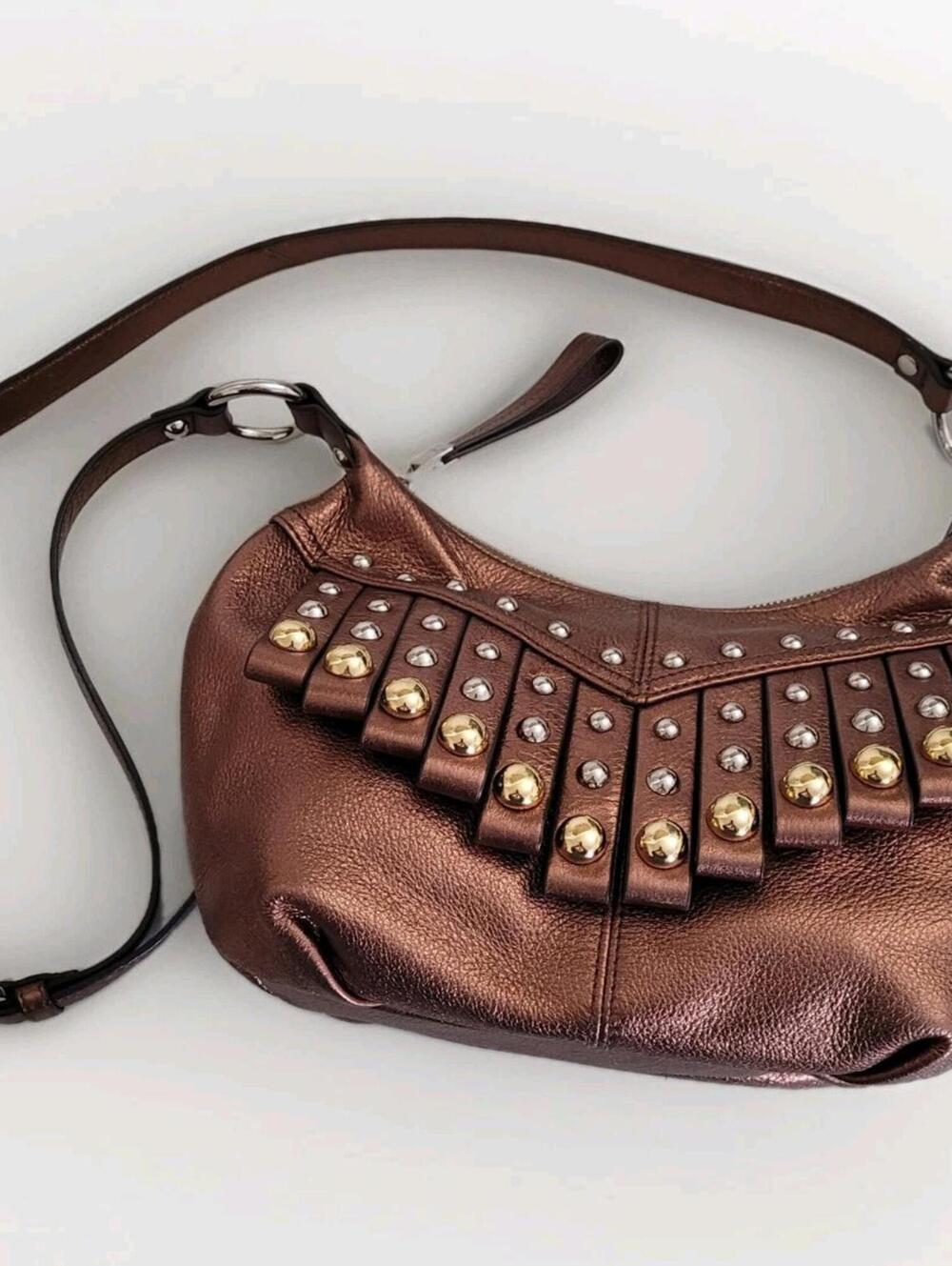 B Makowsky Bronze/Copper Metallic Studded Fringe Leather Handbag Purse Crossbody